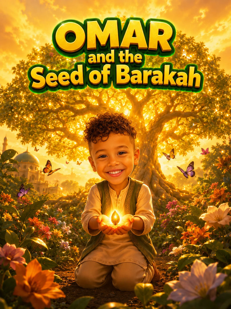Book cover of 'Omar and the Seed of Barakah' with a child holding a light in a garden setting.