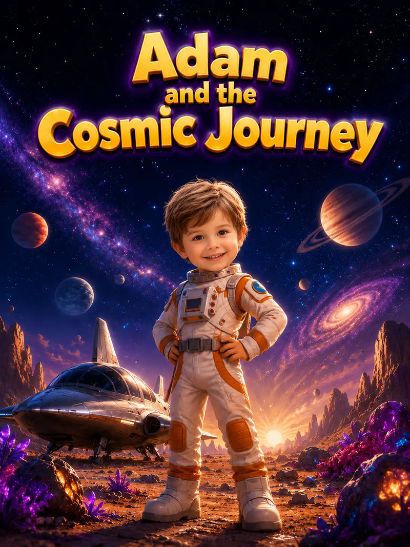 Child in an astronaut suit standing on a planet with space-themed background and 'Adam and the Cosmic Journey' text.