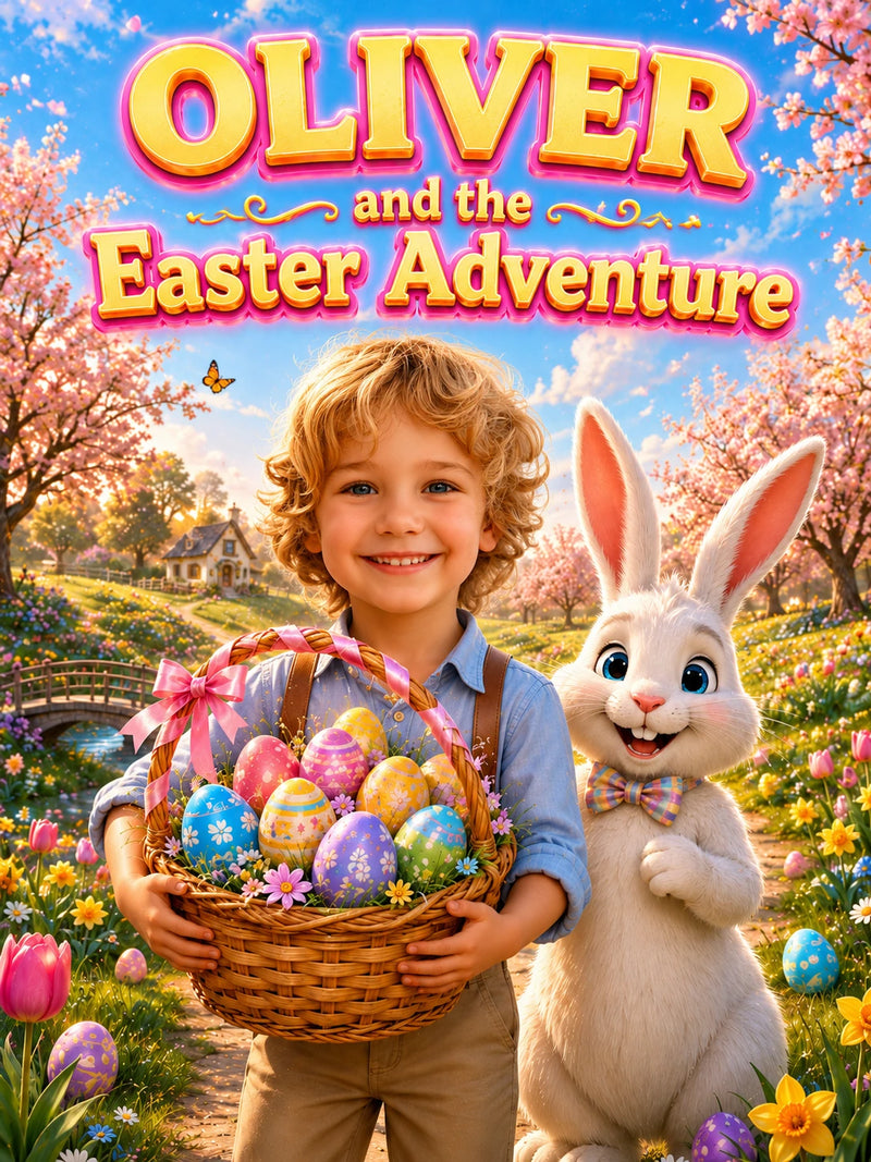 Child with Easter eggs and a cartoon rabbit in a colorful Easter-themed setting
