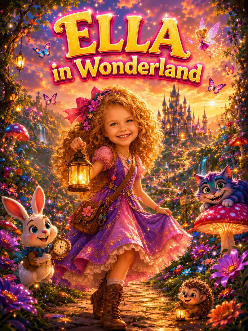 Promotional poster for 'Ella in Wonderland' with a young girl in a fantasy setting.