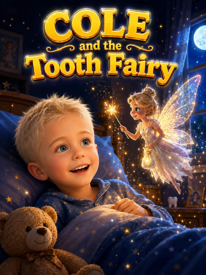 Book cover of 'Cole and the Tooth Fairy' with a child in bed and a tooth fairy character.