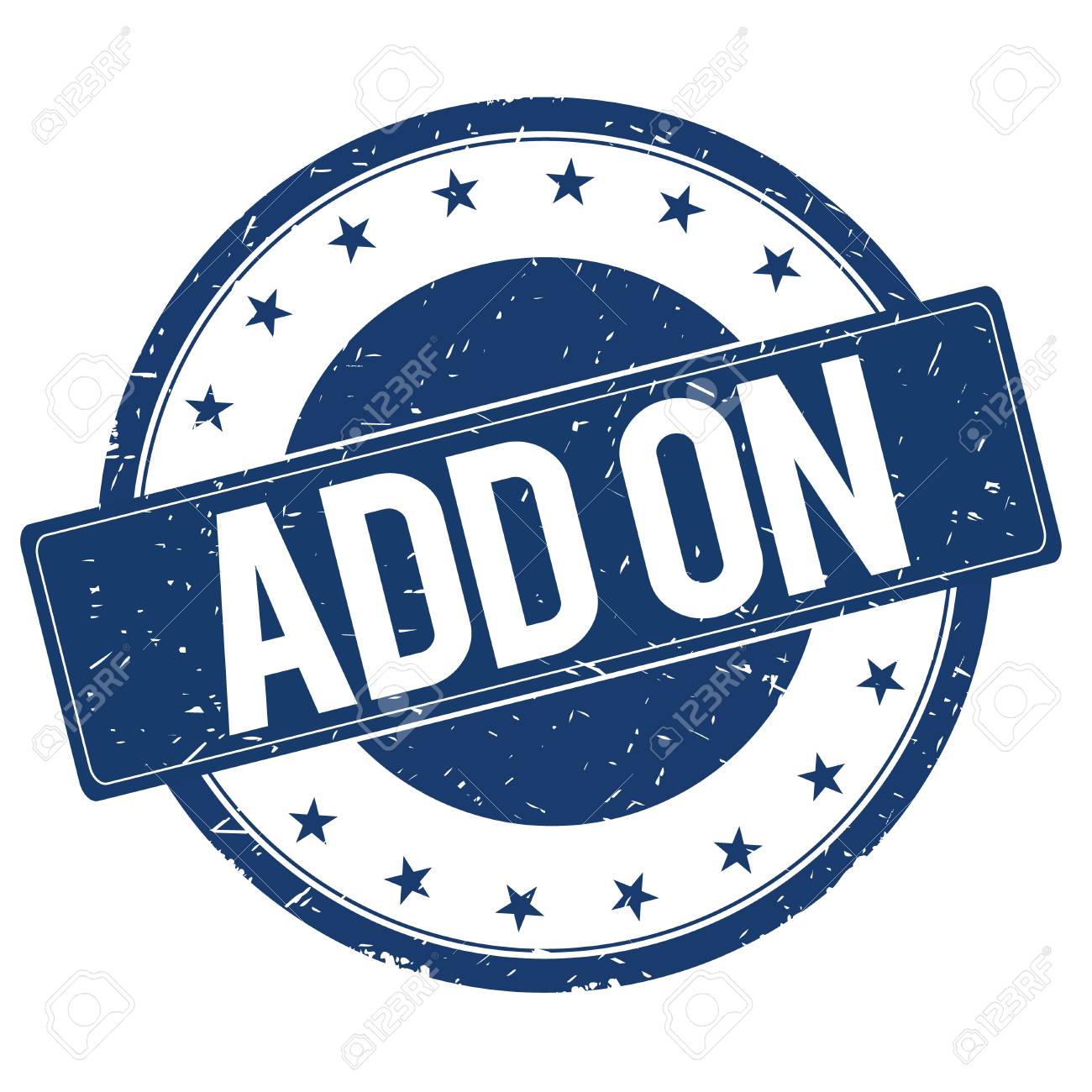 Blue 'ADD ON' stamp with stars on a white background