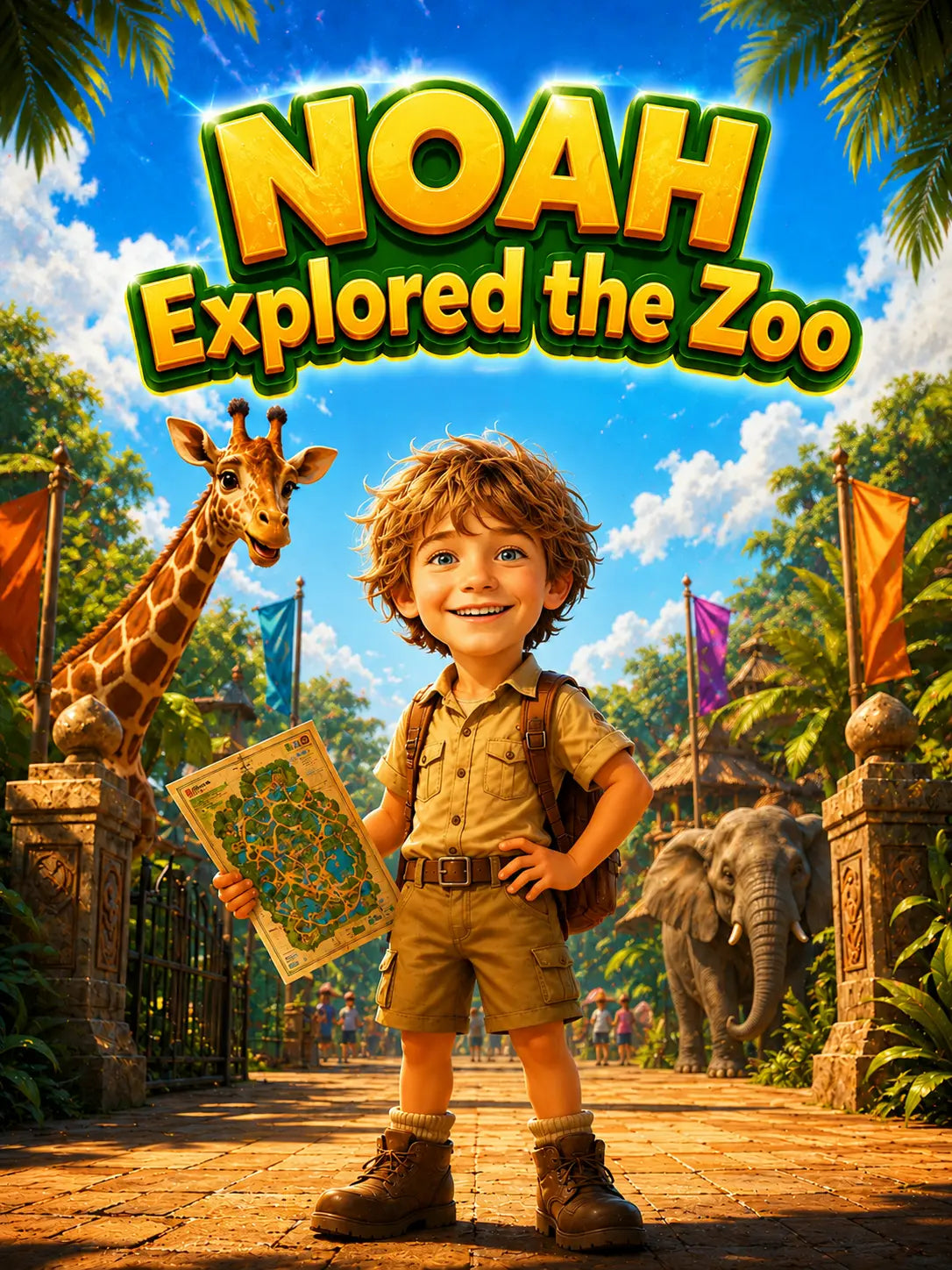 Young boy with a map and backpack standing in front of a giraffe and elephant, with 'Noah Explored the Zoo' text above.