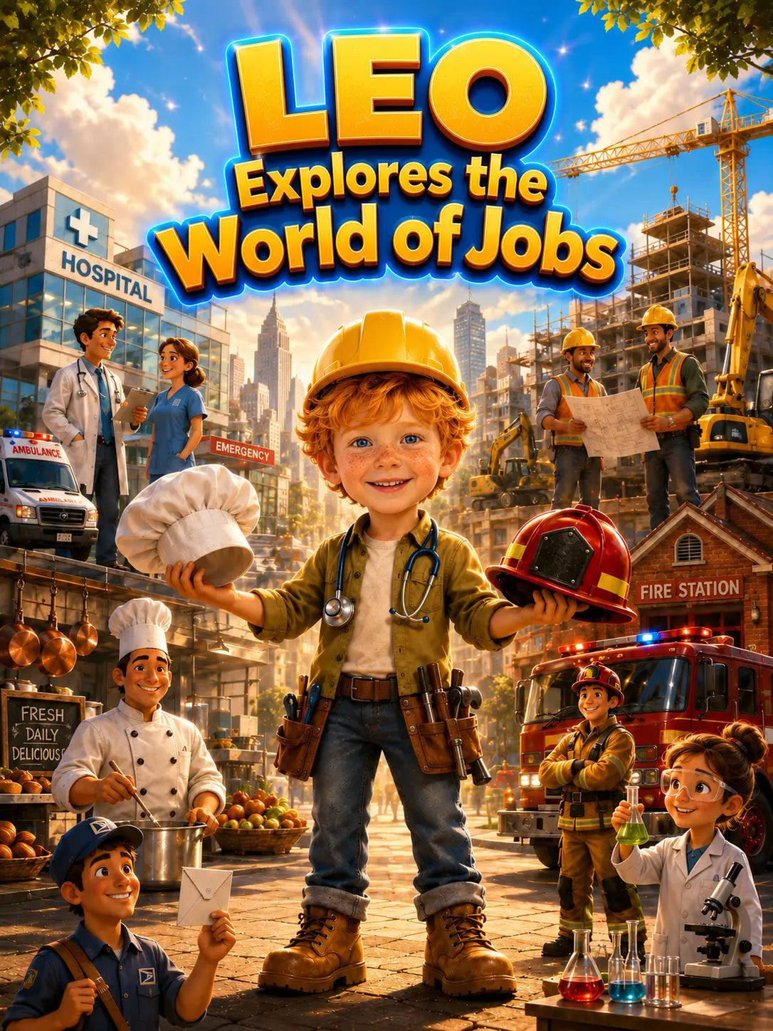 Cartoon character in a hard hat with various professions in the background, including a hospital, fire station, and construction site.