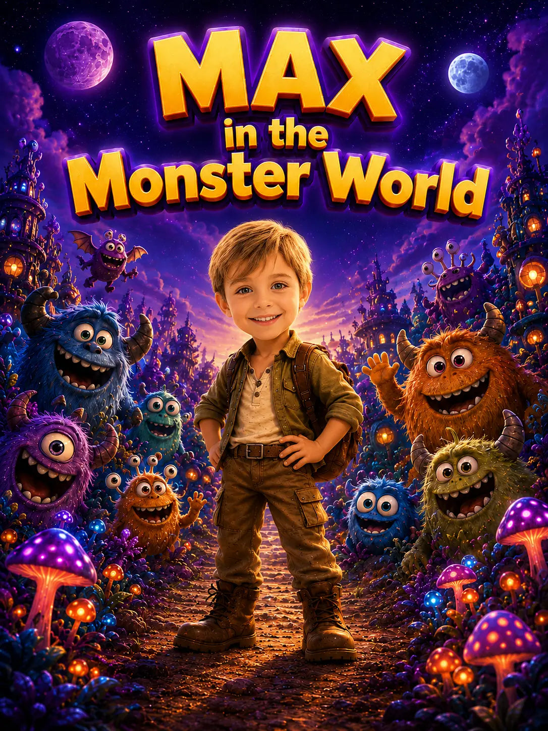 Movie poster for 'Max in the Monster World' with a young boy and monsters in a fantasy landscape.