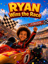 Book cover of 'Ryan Wins the Race' with a child in a race car and confetti.