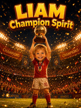 Young boy in a soccer uniform holding a trophy with 'LIAM Champion Spirit' text in a stadium setting.