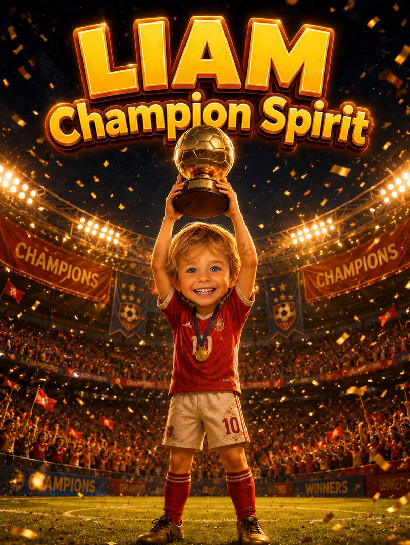 Young boy in a soccer uniform holding a trophy with 'LIAM Champion Spirit' text in a stadium setting.