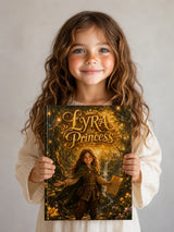 Young girl holding a book titled 'LYRA the Princess' against a plain background