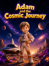 Child in an astronaut suit standing on a planet with space-themed background and 'Adam and the Cosmic Journey' text.