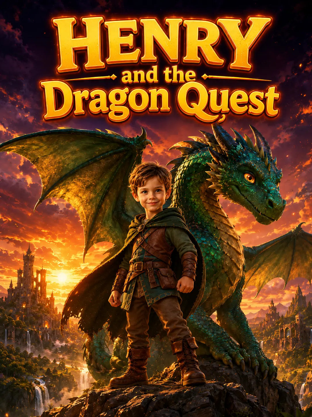Promotional poster for 'Henry and the Dragon Quest' featuring a young boy and a dragon against a fantasy landscape.