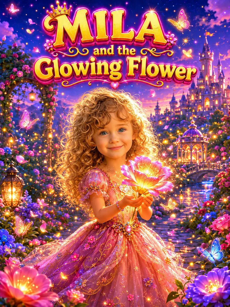 Book cover of 'Mila and the Glowing Flower' with a girl holding a glowing flower in a magical setting.