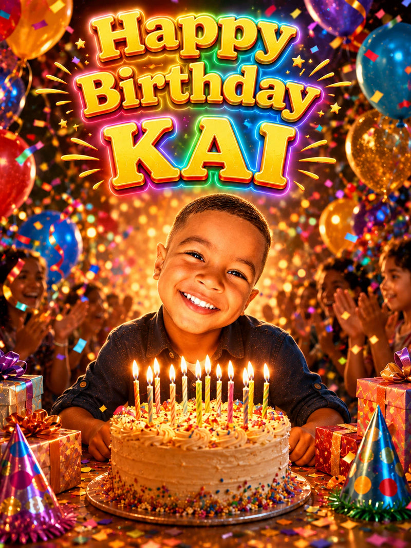 Birthday celebration with a child in front of a cake and balloons, featuring 'Happy Birthday KAI'.