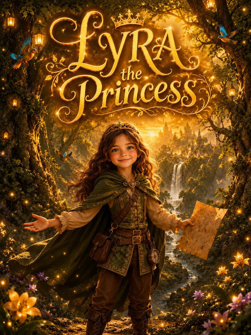 Promotional poster for 'Lyra the Princess' with a young girl in fantasy attire in a magical forest setting.